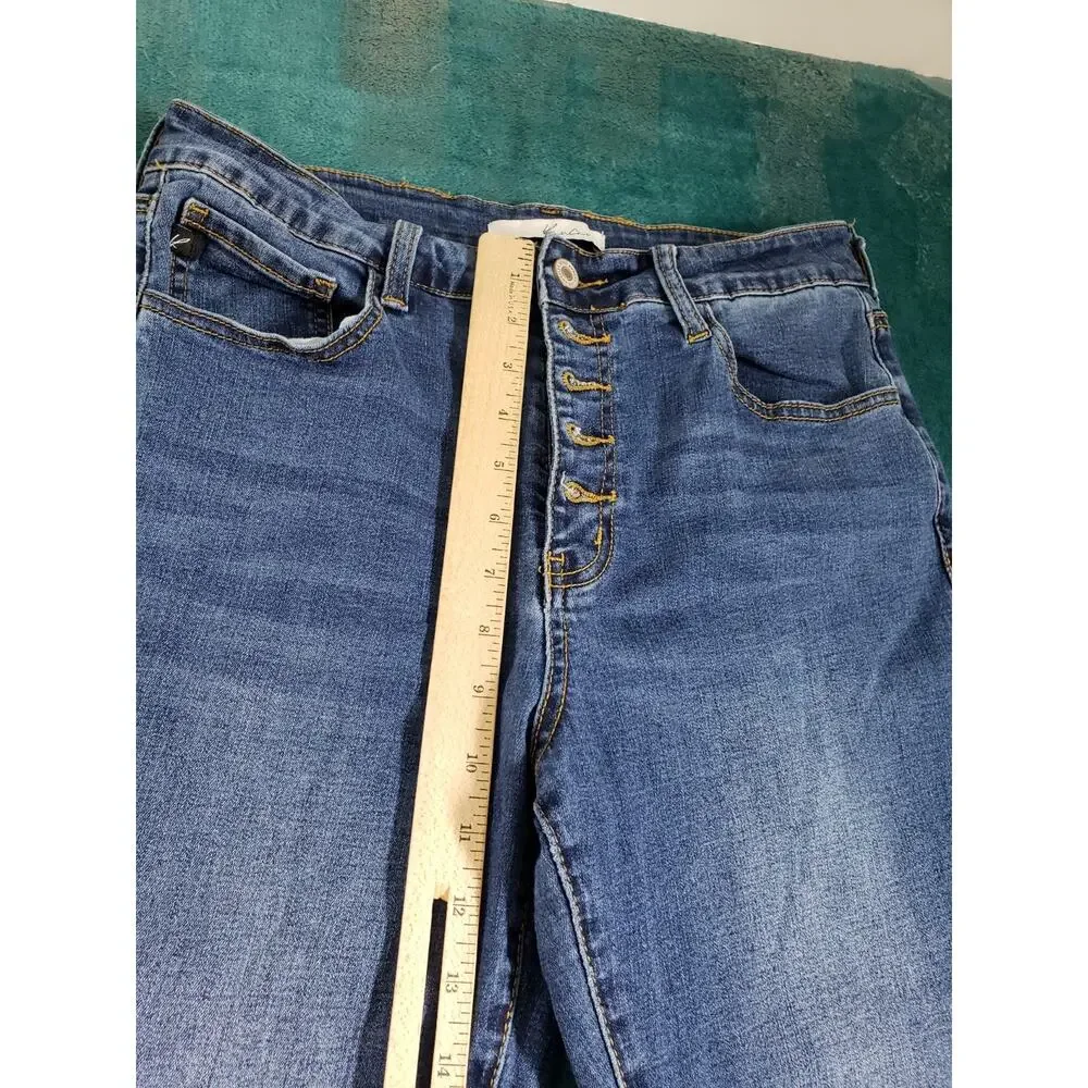 Kancan Jeans Size 11 Womens Blue Stretch Pants Denim Mid Rise Fray Hem Ankle